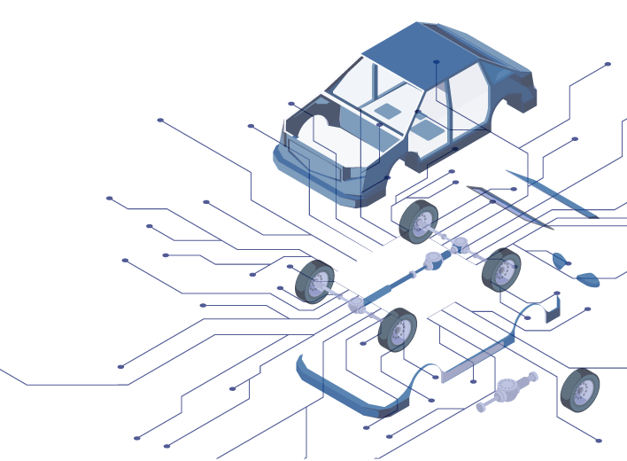 Illustrazione con auto e pezzi di ricambio che illustra le caratteristiche di Atelio Aftermarket