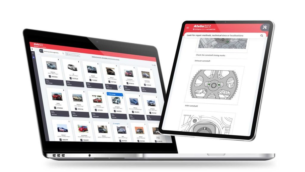 Computer open on the Atelio Data home page with a tablet next to it showing a step-by-step repair method