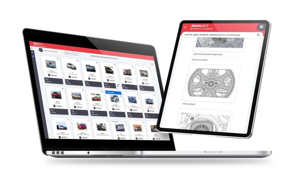 Computer e tablet con schermate di atelio data il  database di dati tecnici di riparazione e manutenzione di Infopro Digital Automotive