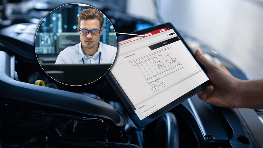 Mechanic on his tablet to carry out a guided diagnosis with a box showing a documentary expert providing him with all the additional information.