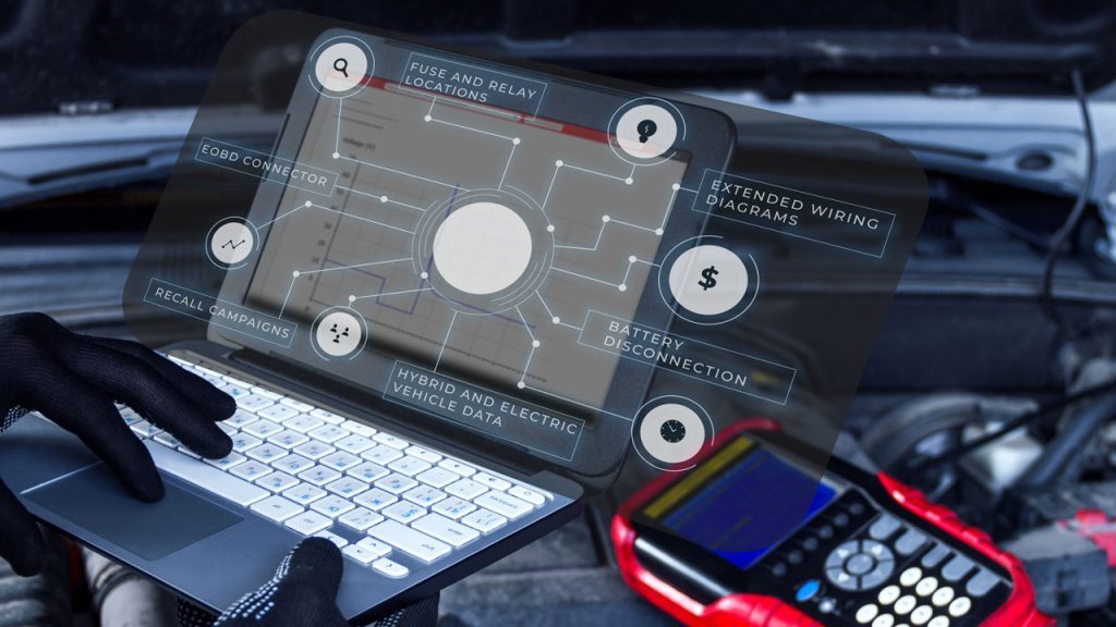 Mechanic carrying out a vehicle diagnosis using a computer equipped with Atelio Data