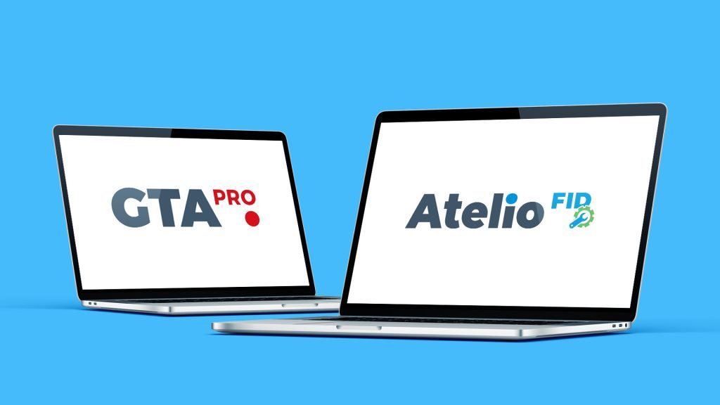 2 ordinateurs portables l'un face à l'autre qui symbolisent la synergie entre GTA Pro et Atelio Fid