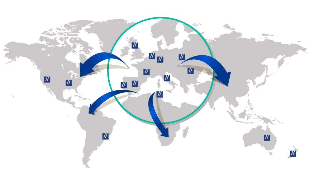 Cartina geografica del mondo con tutte le località in cui Infopro Digital Automotive è presente