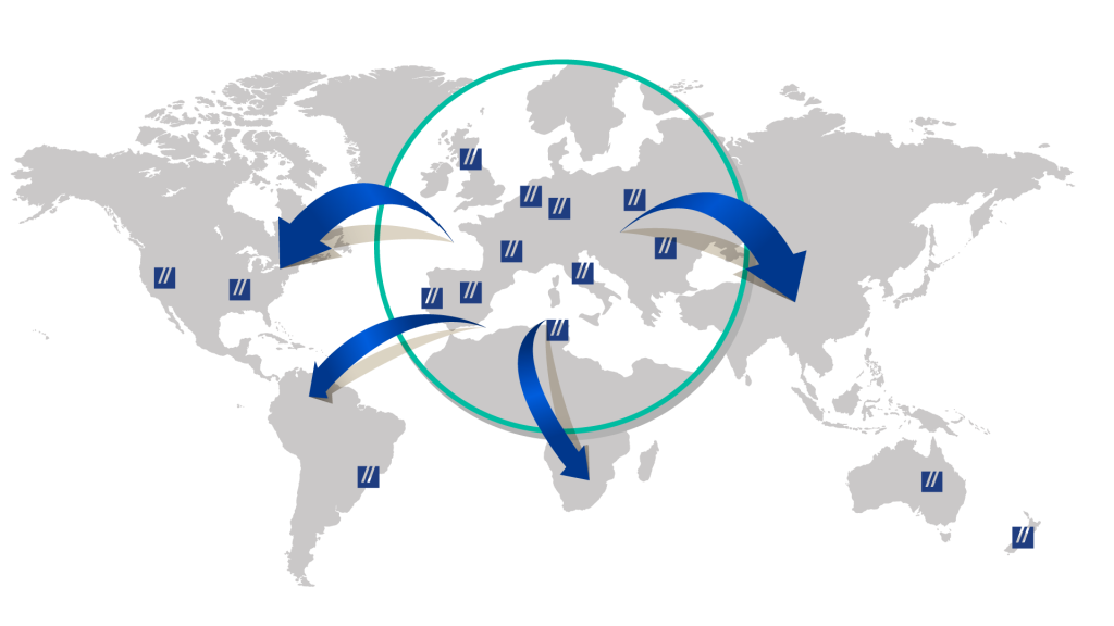Carte du monde avec tous les sites où Infopro Digital Automotive est présent