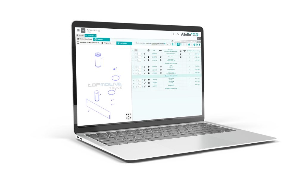 Illustration d'un ordinateur portable contenant le catalogue PL Atelio Parts Truck