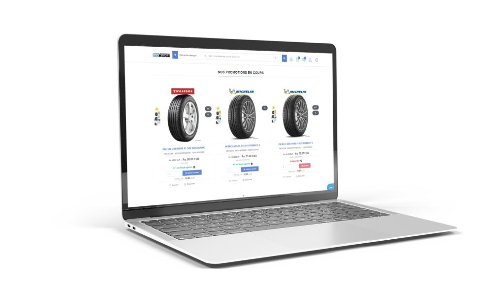 Ordinateur portable avec sur son écran la plateforme de vente en ligne e-commerce de pièces et pneus nommée Ino'Shop