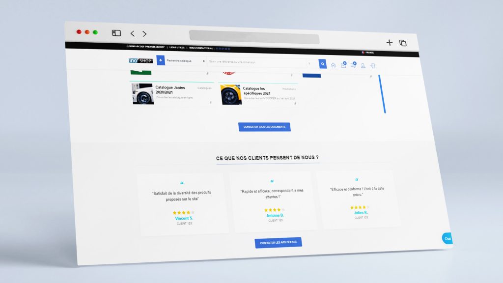 Prise d'écran du contenu de votre plateforme de vente e-commerce de pièces et pneus automobiles Ino'Shop