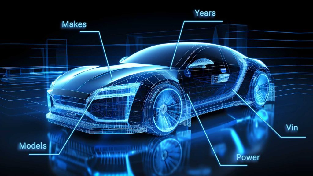 Futuristic 3D car model representing advanced vehicle data for the global market.