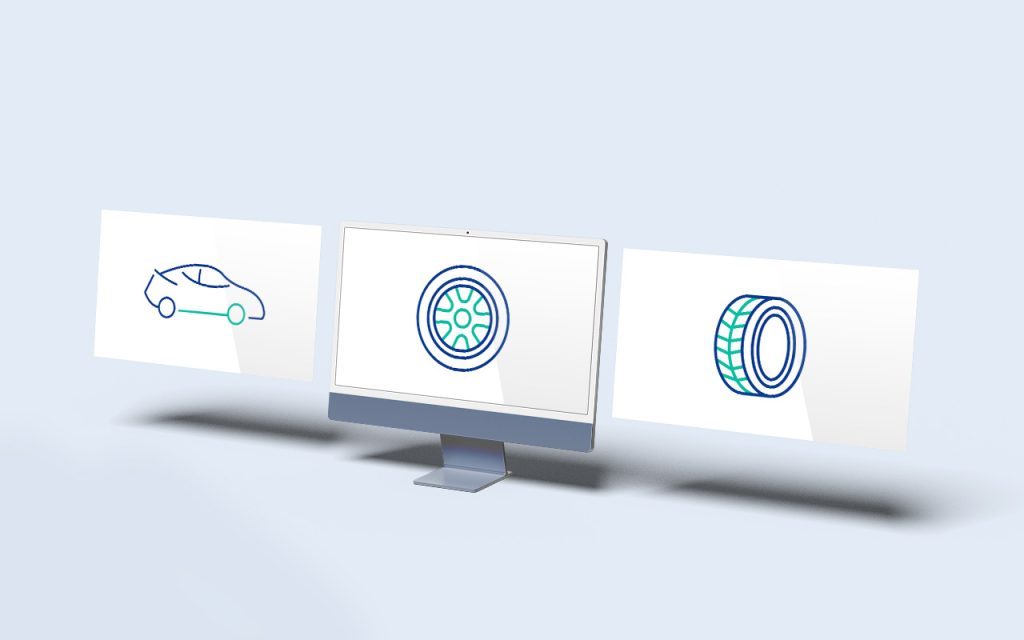 Computer with icons representing tyre and wheel fitting data for vehicles