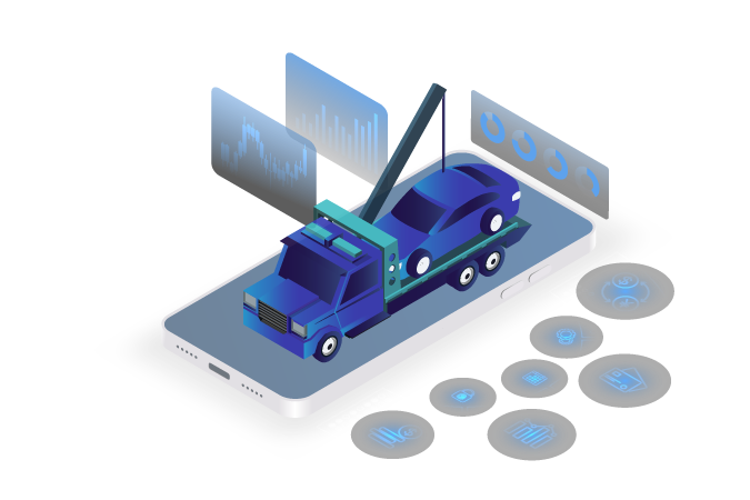 Illustration of a smartphone on which a tow truck providing roadside assistance to a car is resting, representing the support of infopro digital automotive's technical data