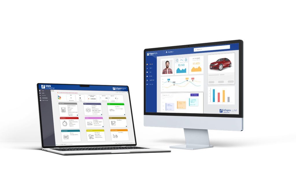Monitor and laptop mockup with screenshots of DMS Software for Car Workshops from Infopro Digital Automotive