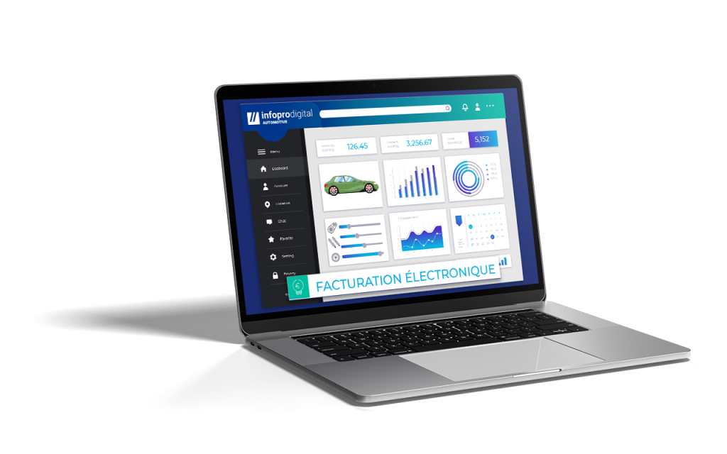 Image d'un ordinateur portable ayant sur son écran un exemple de logiciel Infopro Digital Automotive conforme à la réglementation sur la facturation électronique