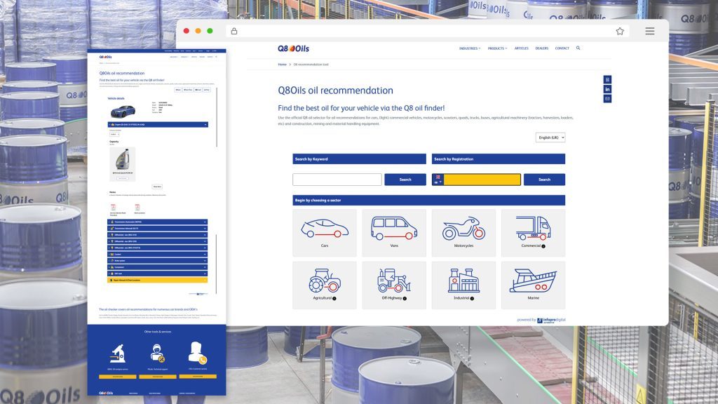 Q8Oils lube finder application interface showing oil recommendations for vehicles, powered by Infopro Digital and OATS lubricant data