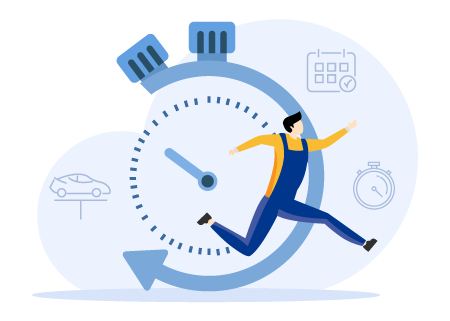 Illustrazione di un meccanico e di un orologio che rappresenta la gestione del tempo in officina