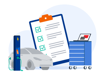 Illustration avec un véhicule électrique et une liste de contrôle qui représente la procédure en pdf de déconnexion sécurisée des véhicules électriques