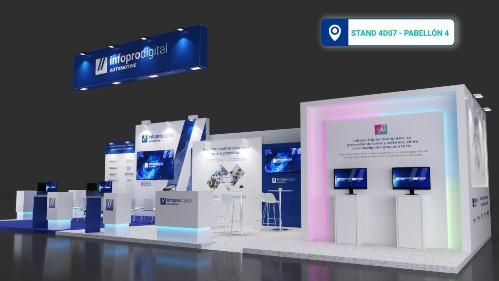 Representación de cómo será el stand 4D07 del Pabellón 4 de infopro digital automotive en Motortec 2025, El encuentro de la posventa de la automoción