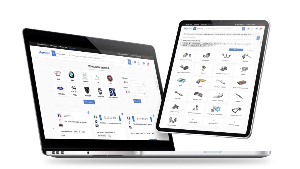 Ordinateur portable et tablette montrant toutes les deux sur leur écran OnePro Shop, plateforme e-commerce B2B pour pièces détachées automobiles et pneus
