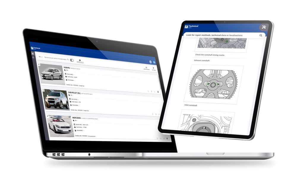 Mockup of computer and tablet screens displaying Technical Data software with OEM repair information, maintenance procedures, and diagnostic repair data for U.S. automotive professionals.