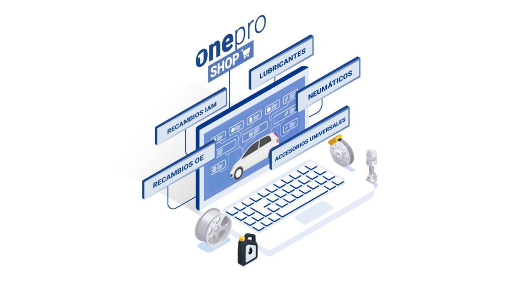 Ilustración isométrica de OnePro Shop, plataforma B2B de recambios para automoción, con búsqueda de piezas para recambios OE, IAM, lubricantes, neumáticos y accesorios universales.