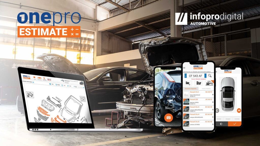 OnePro Estimate en un taller de carrocería, con un vehículo dañado en reparación y la plataforma visible en portátil y móviles para crear presupuestos y estimaciones.