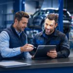 Deux hommes regardant une tablette dans le bureau d'un garage pour symboliser l'utilisation d'un logiciel de gestion garage ou DMS.