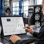 Image montrant le gérant d'un garage devant son bureau afin de réaliser une veille tarifaire pneus afin de mieux fixer le prix sur ses devis