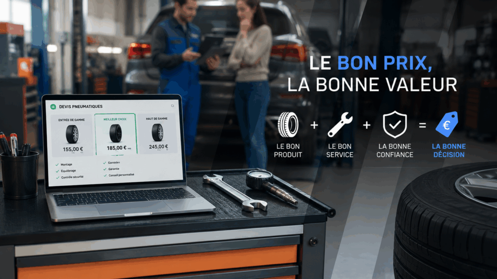 Visuel montrant un ordinateur en atelier qui sert à faire un devis de pneumatiques accompagné d'un texte d'explication concernant la bonne recette pour fournir un devis au bon niveau en prenant en compte le service et la relation de confiance ainsi que le produit