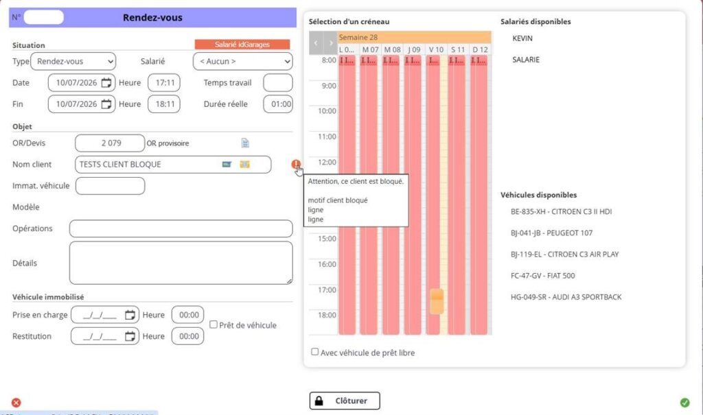 Capture d'écran de GTA Pro montrant la fonctionnalité "client bloqué" sur les plannings.