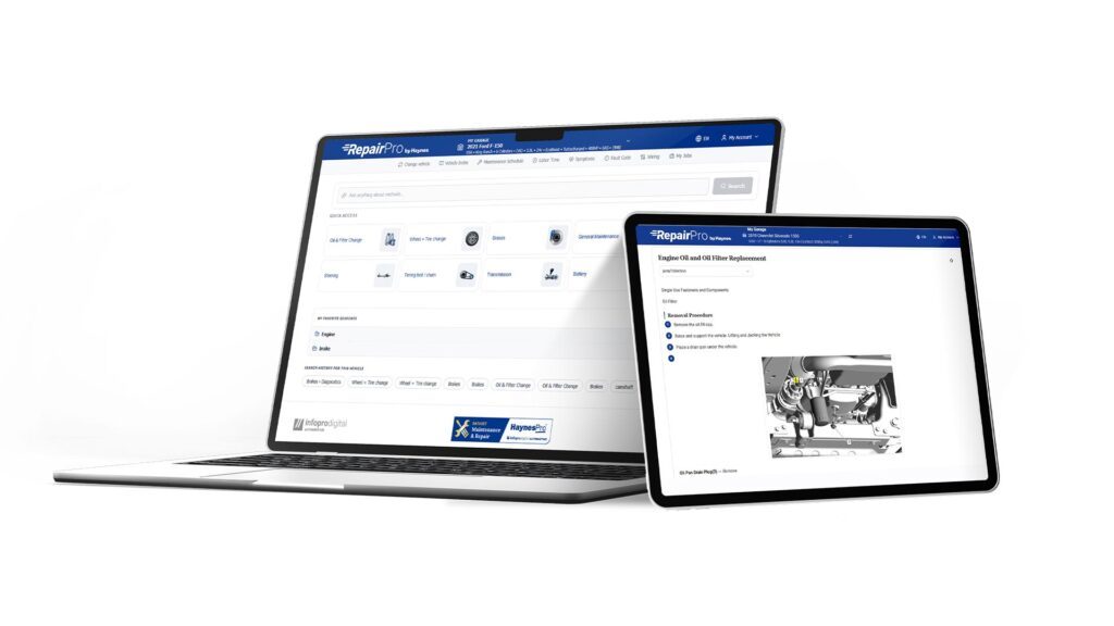 RepairPro by Haynes displayed on laptop and tablet for professional repair shops