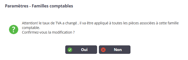 Message affiché dans GTA Pro afin de proposer à l'utilisateur d'appliquer le nouveau taux de TVA à toutes les pièces de la même famille comptable.