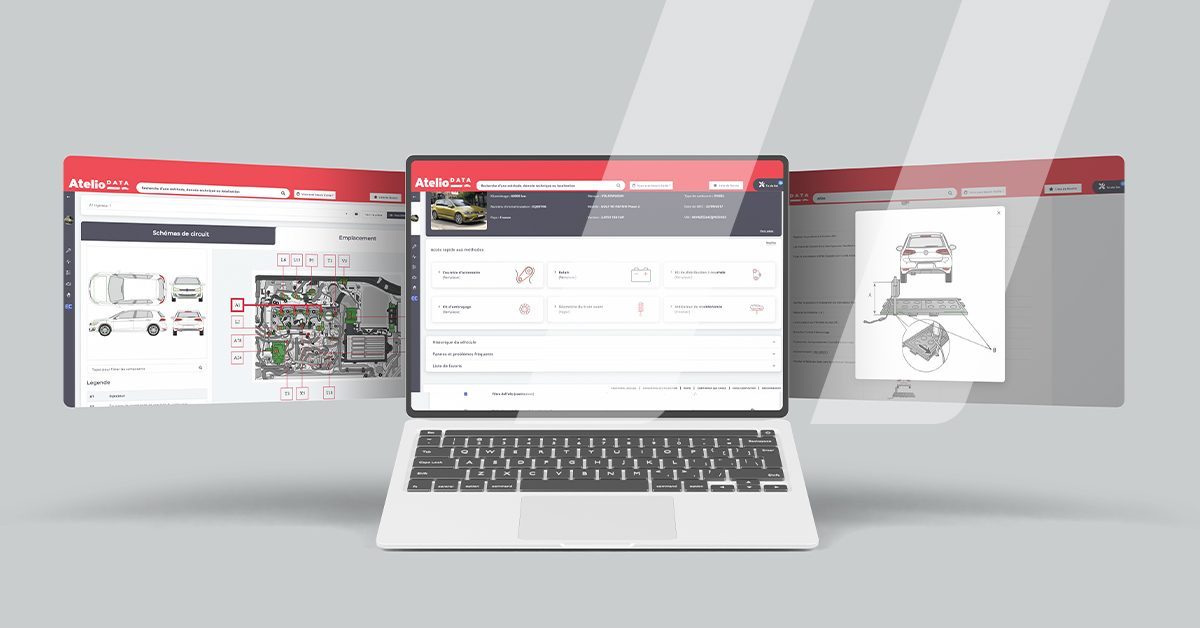 Tre schermate che mostrano le funzionalità più importanti della banca dati Atelio Data