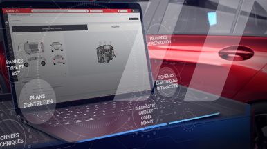 Ordinateur posé sur un chariot à outil et montrant les fonctionnalités principale d'Atelio Data, outil de données techniques et méthodes de réparation automobile