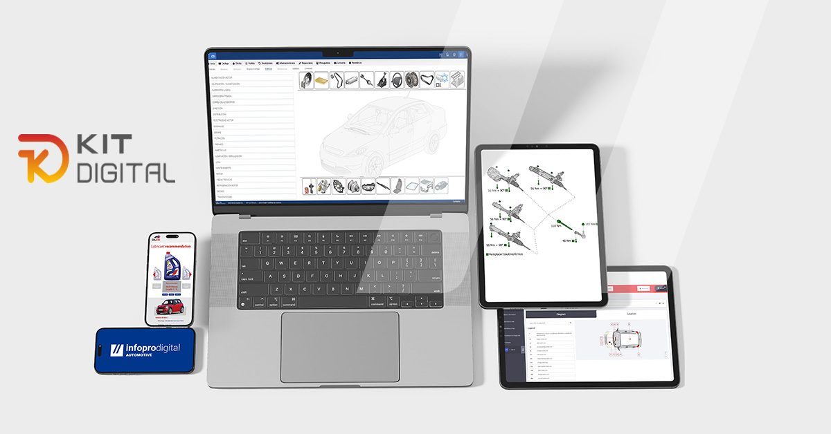 Dispositivos digitales con software de infopro digital autotive para talleres o tu tienda de recambios que demuestra que somos agentes de Kit Digital,