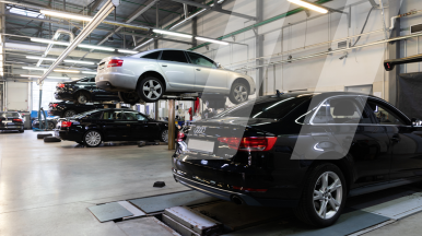 Overview of car repair workshop representing the automotive aftermarket industry