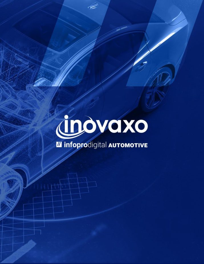 Inovaxo brand logo of Infopro Digital Automotive superimposed on a digital blue car highlighting the supply of automotive data and software