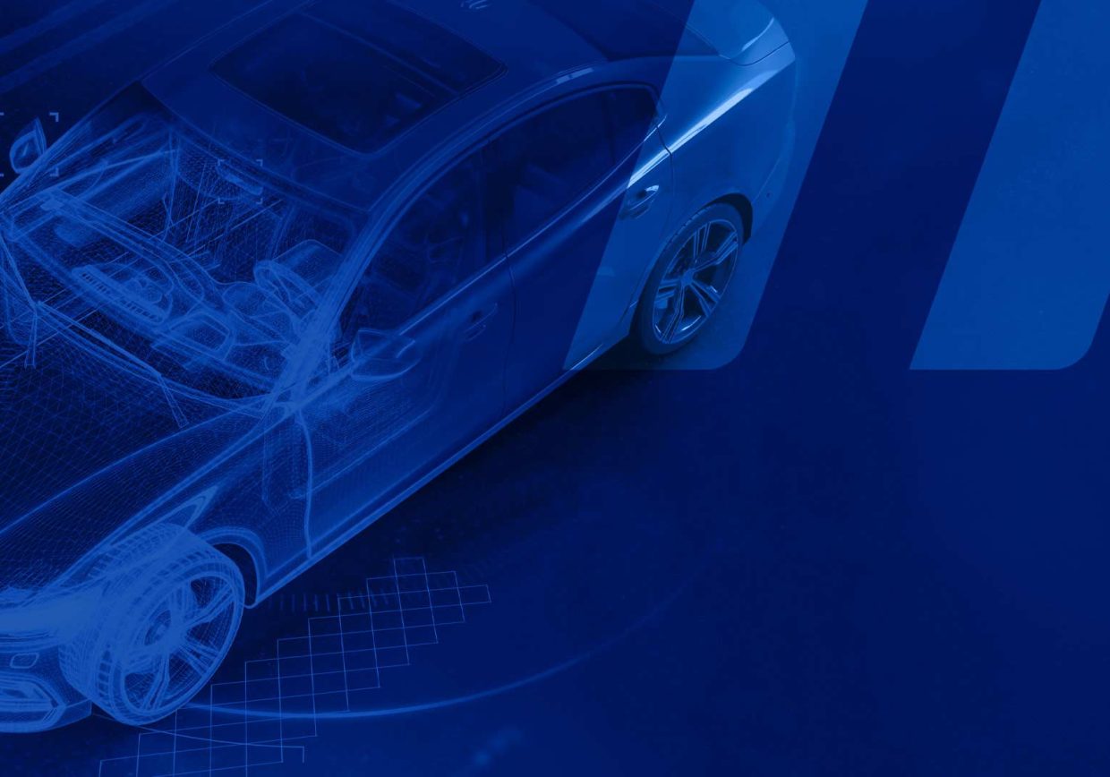 Immagine di Auto su sfondo blu con simbolo di Infopro Digital Automotive fornitore mondiale di dati software e soluzioni B2B per l'Aftermarket Automobilistico Italiano