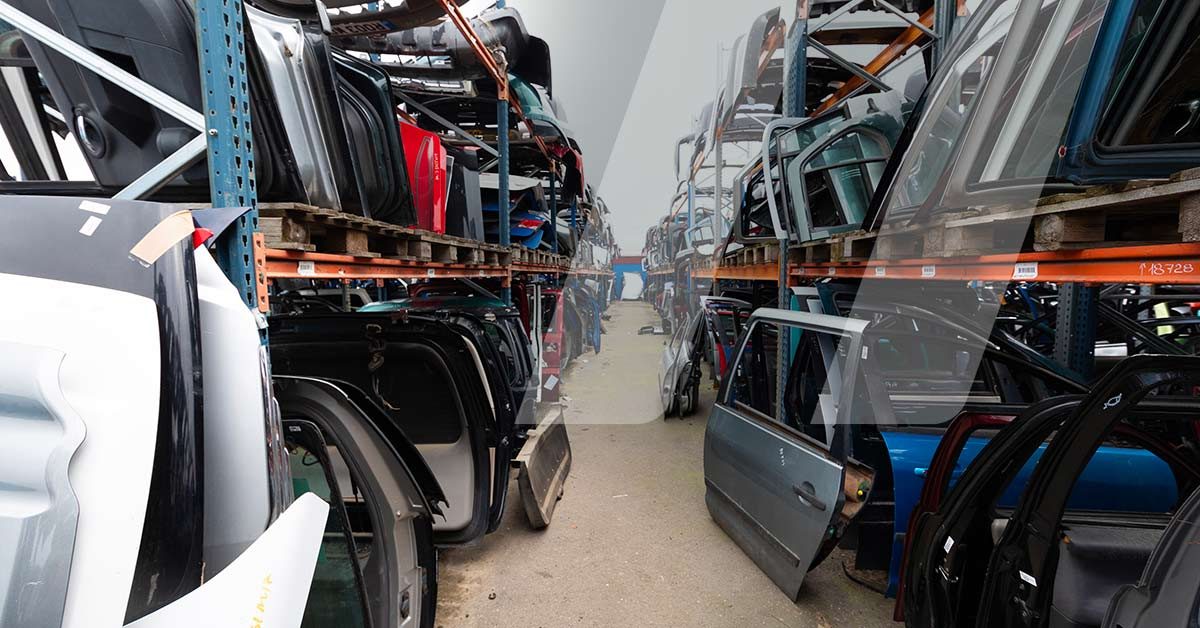 Centre VHU avec des pièces de carrosserie à mobiliser dans le cadre de l'utilisation de pièces de réemploi lors des réparations