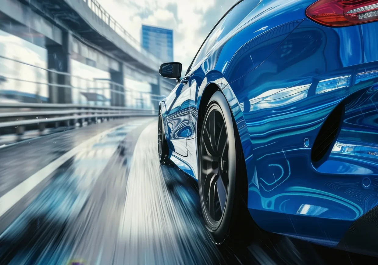 Image of a moving vehicle with close up of tyre and wheel