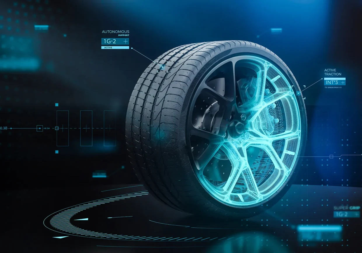 View of tyre image with digital component and data overlaid representing DriveRightData: Vehicle, Tyre and Wheel Data