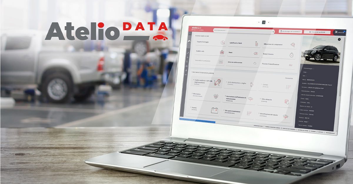 Computer displaying Atelio Data in a garage setting, enhancing workshop efficiency