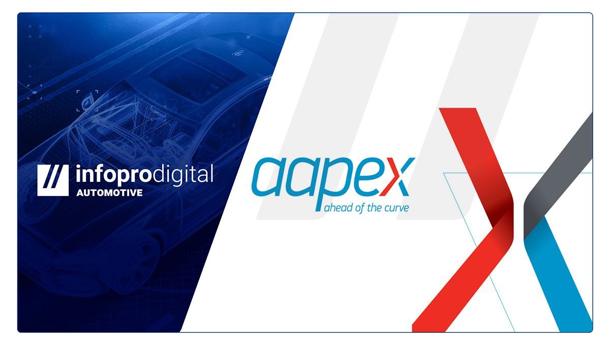 Infopro Digital Automotive logo alongside the AAPEX logo, representingparticipation at the event, showcasing innovative automotive data solutions for industry professionals