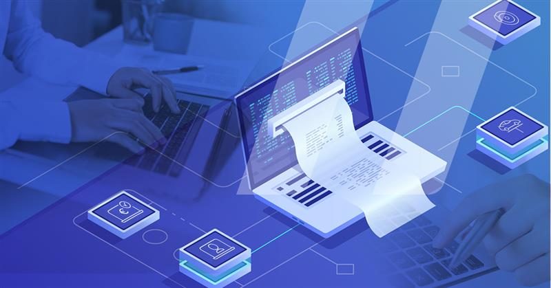 Image showing a computer with an invoice coming out of the screen and people in the background doing their e-invoicing using Infopro digital automotive software
