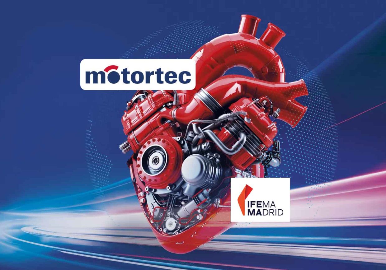 Diseño gráfico con el logo e información del evento Motortec 2025 en IFEMA Madrid