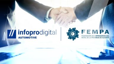 Imagen con la mano estirada y el logotipo de Infopro Digital y Fempa que representa la sigla del acuerdo