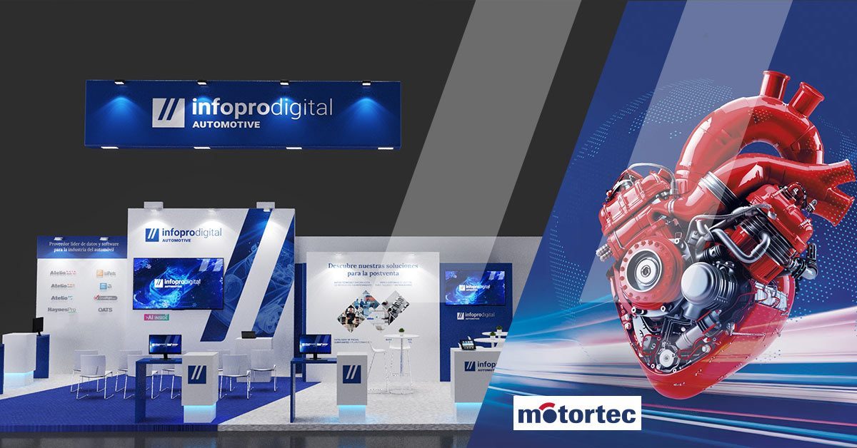 Stand de Infopro Digital Automotive en Motortec 2025, que muestra soluciones de software y datos inteligentes para el sector del mercado de repuestos de automóviles.