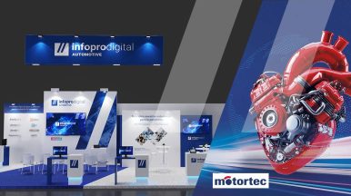 Stand de Infopro Digital Automotive en Motortec 2025, que muestra soluciones de software y datos inteligentes para el sector del mercado de repuestos de automóviles.