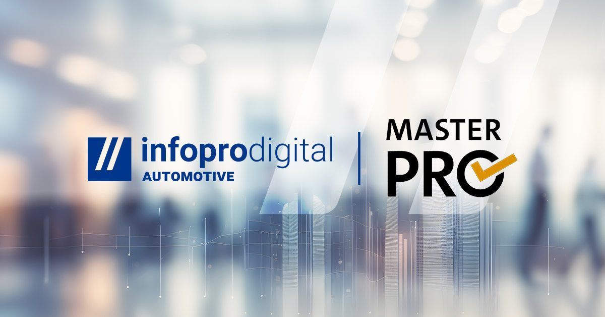logos de Infopro Digital Automotive y de MASTER PRO sobre un fondo con conexiones representado la tecnología de ambas empresas y su alianza