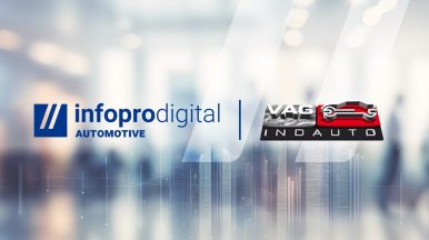logos de Infopro Digital Automotive y de VAGINDAUTO sobre un fondo con conexiones representado la tecnología de ambas empresas y su alianza