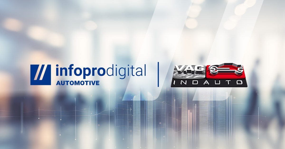 logos de Infopro Digital Automotive y de VAGINDAUTO sobre un fondo con conexiones representado la tecnología de ambas empresas y su alianza