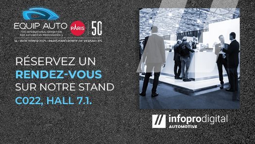 Image rappelant la possibilité de prendre un rendez-vous avec les équipes Infopro Digital Automotive sur le salon Equip Auto 2025